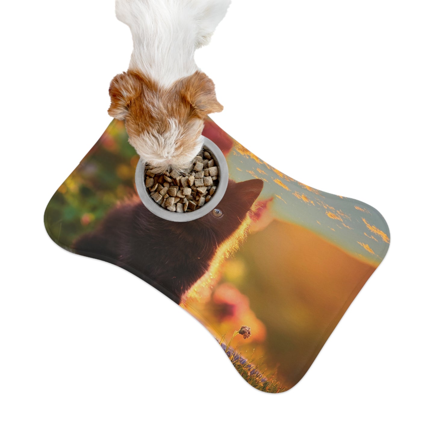 Black Kitten in Garden Feeding Mat