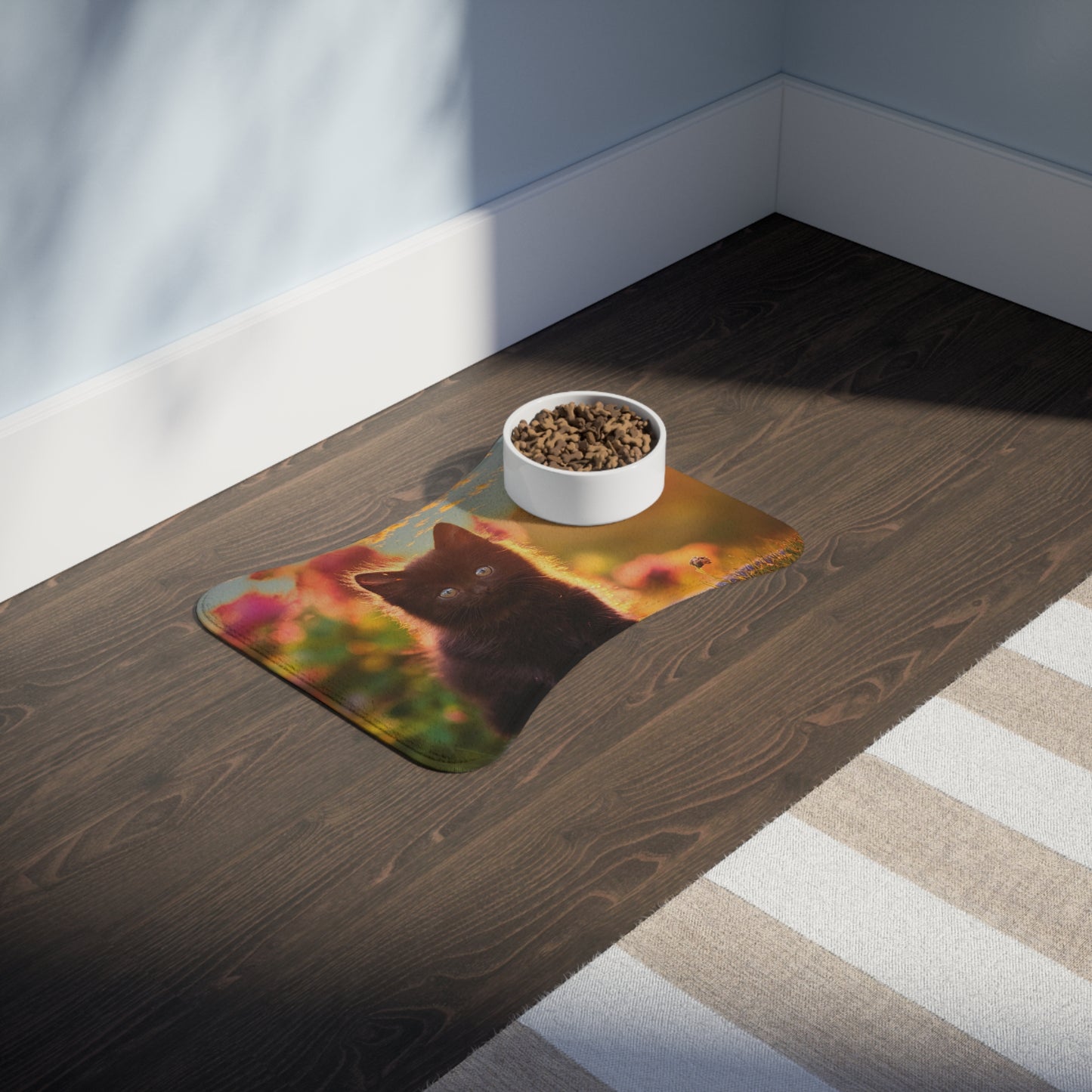 Black Kitten in Garden Feeding Mat