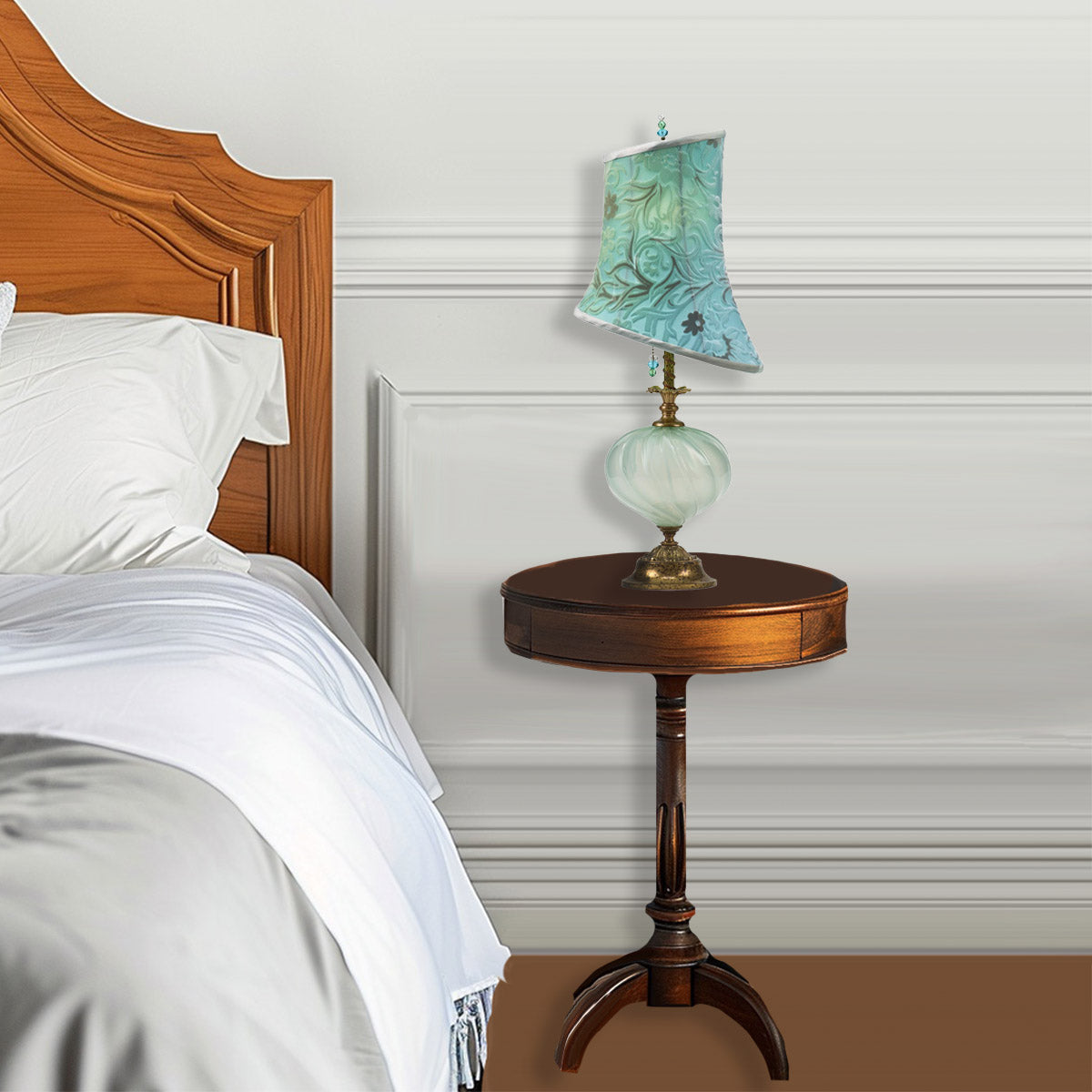mixed media table lamp blown glass sea foam green embossed velvet shade