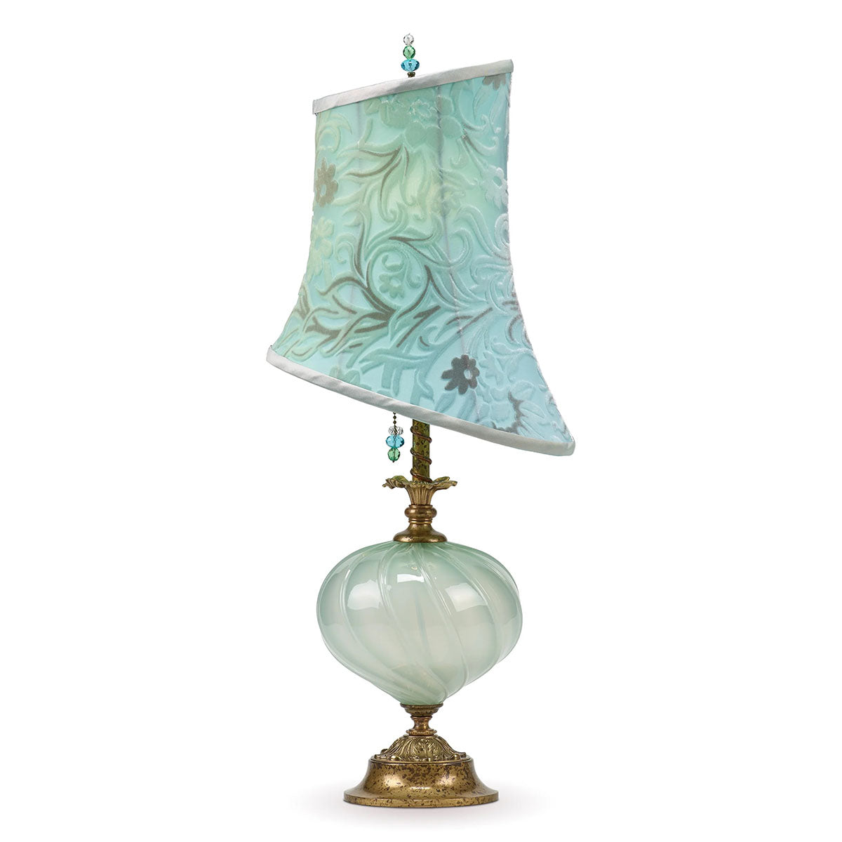 table lamp blown glass copper base velvet shade.