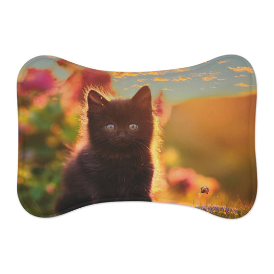 Black Kitten in Garden Feeding Mat