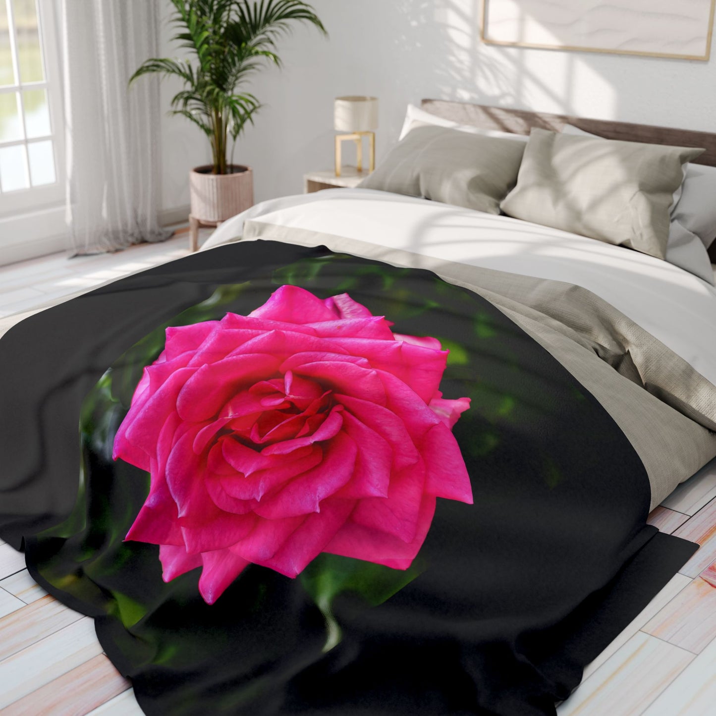 Pink Rose on Black Fleece Blanket