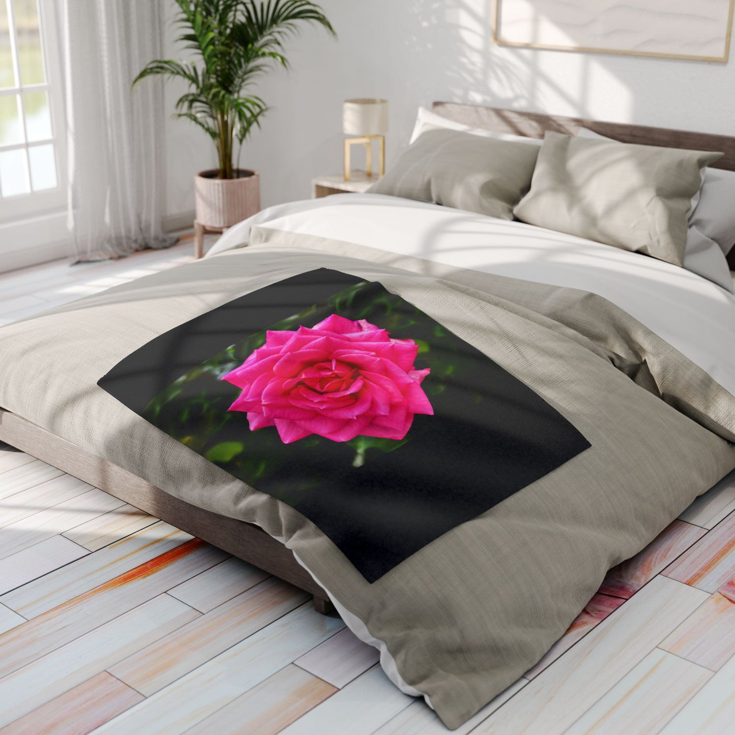 Pink Rose on Black Fleece Blanket