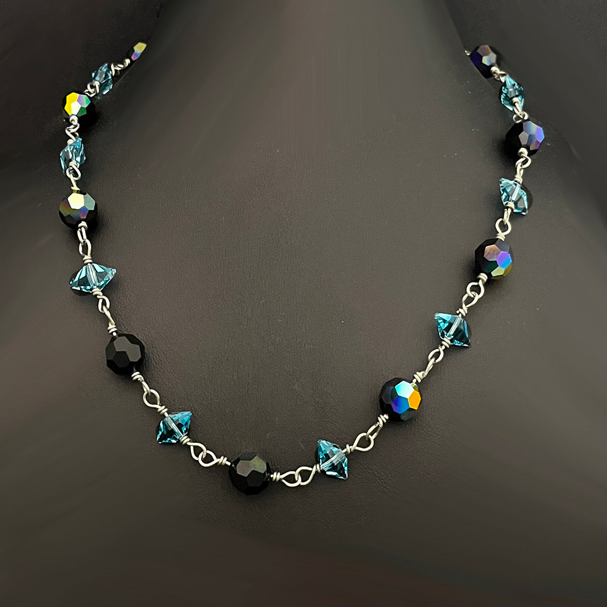 Bead Link Necklace with Aqua Spikes