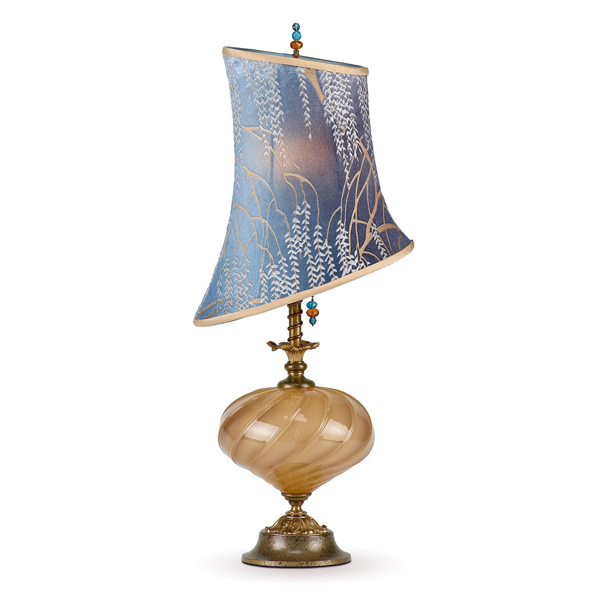 mixed media table lamp blown glass copper willow pattern shade on blue velvet