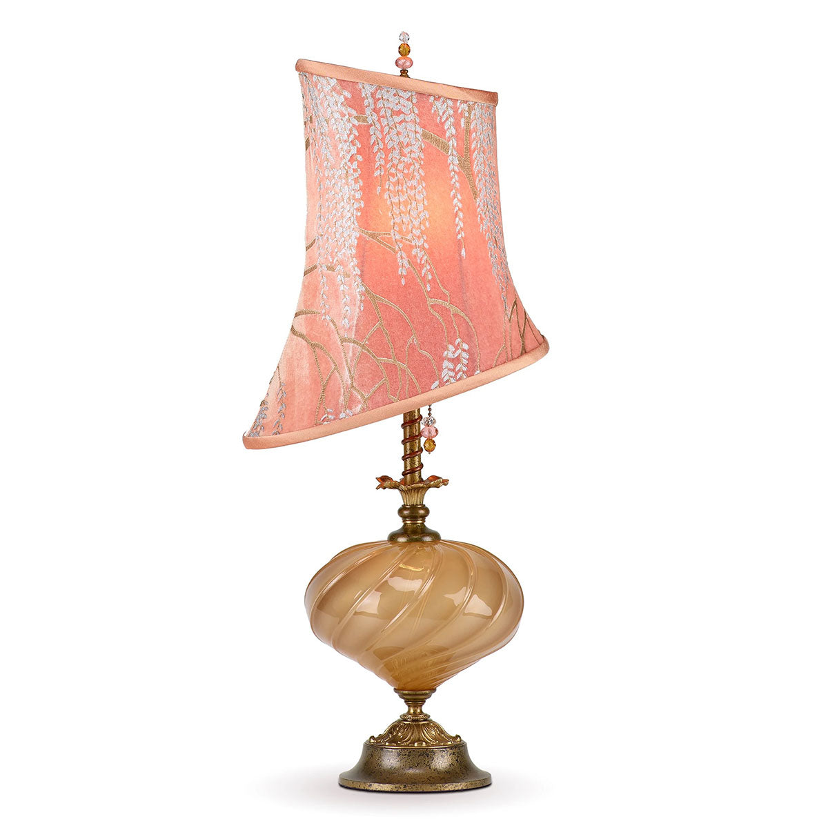 mixed media petite lamp neutral gold blown glass and copper Salmon velvet embossed shade willow leaf pattern