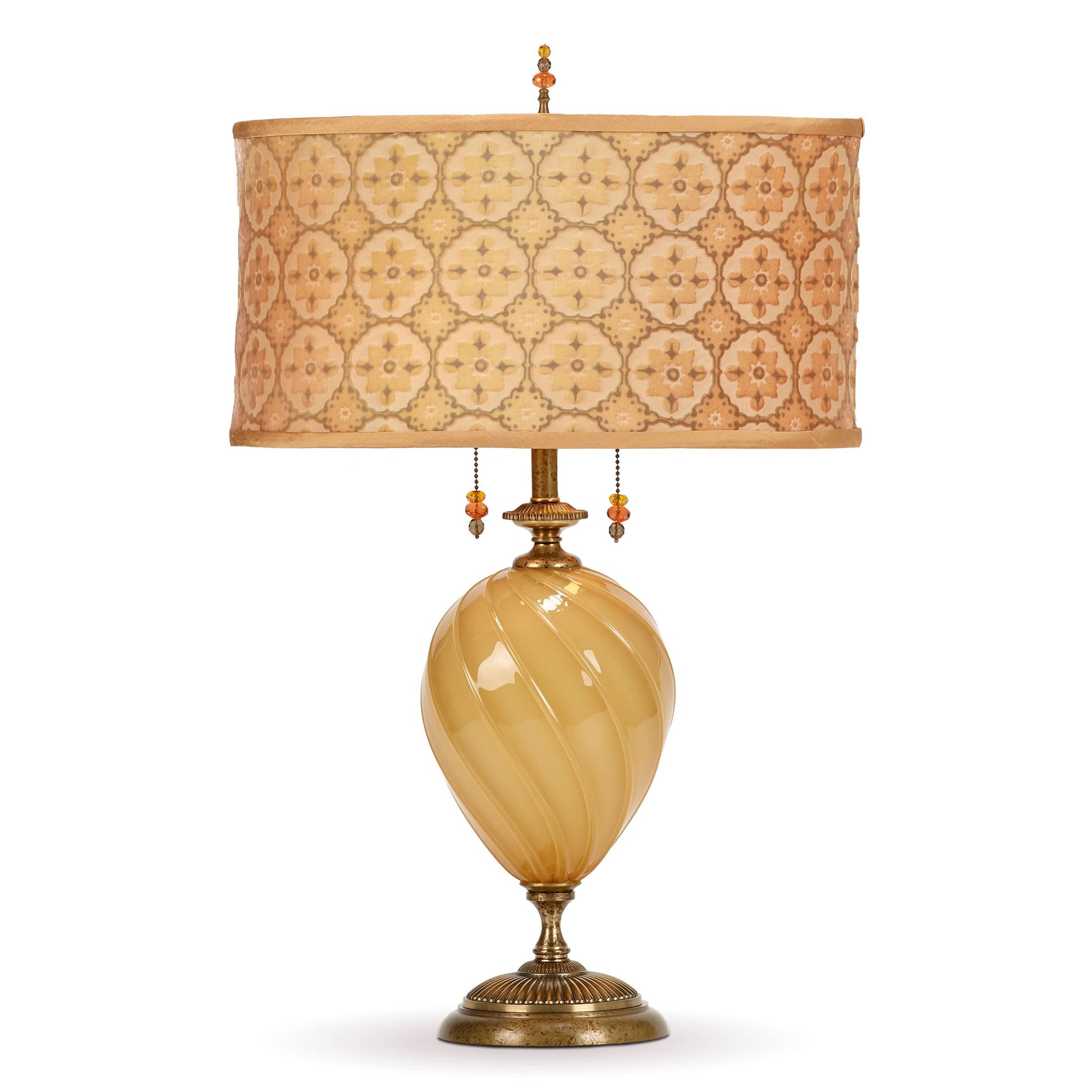mixed media table lamp gold tone blown glass silk velvet shade hand painted moroccan pattern