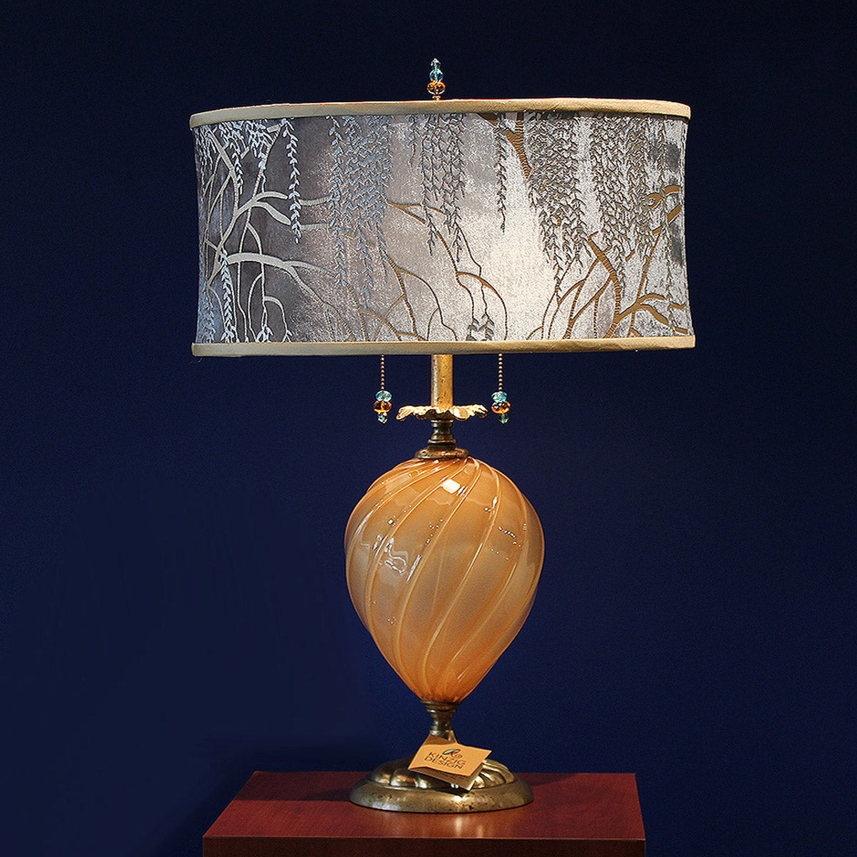 Hand painted velvet shade in the bluish gray willow pattern 