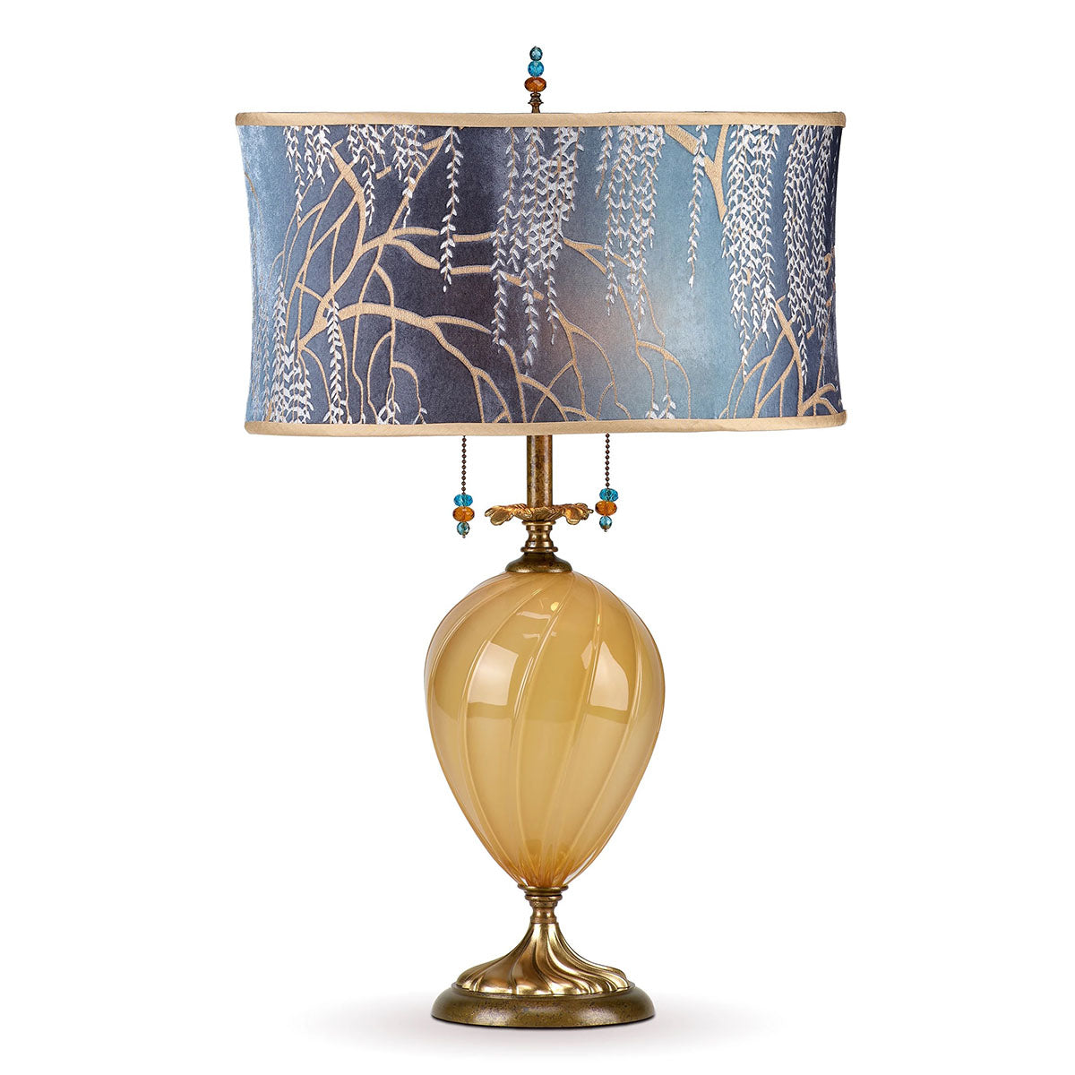 mixed media table lamp blown glass with brass hand painted velvet shade